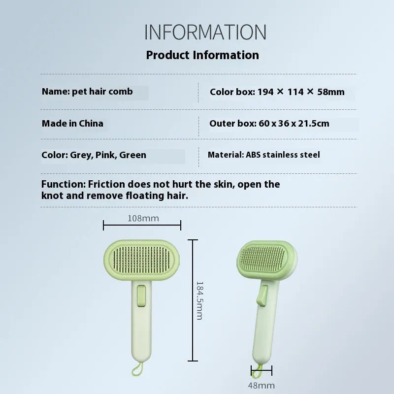 Large cat hair comb with stainless steel blades and ABS handle in light grey colour