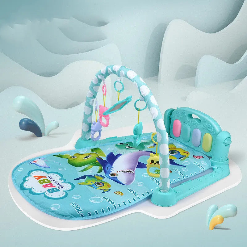 Baby fitness frame with pedal piano toy in blue marine animals design for infant development