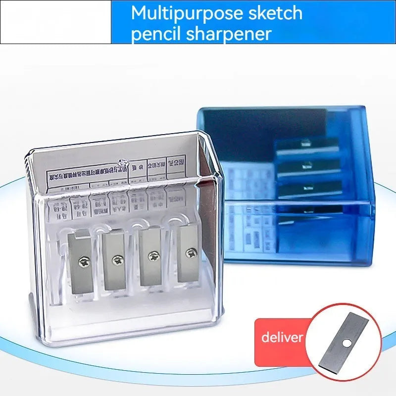 Geometric plastic pencil sharpener with four holes and screwdriver for art supplies