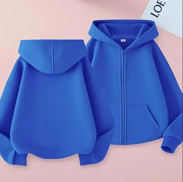 Girl's casual solid colour hoodie in light gray with zipper front, hood, and polyester lining, suitable for 100-160cm height