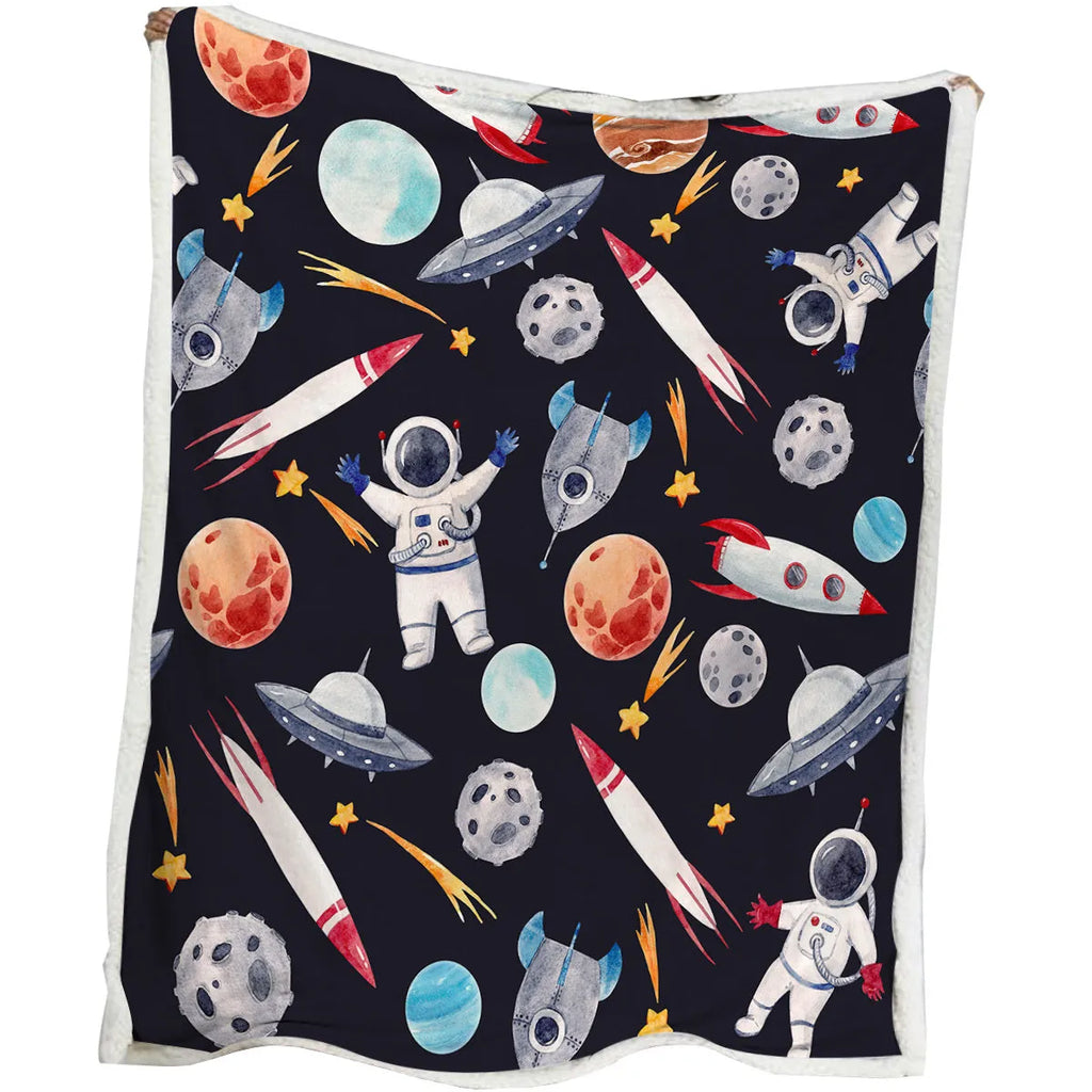 Black astronaut themed lamb wool blanket with soft sherpa fleece and hemmed edges, available in 130x150cm or 150x200cm.