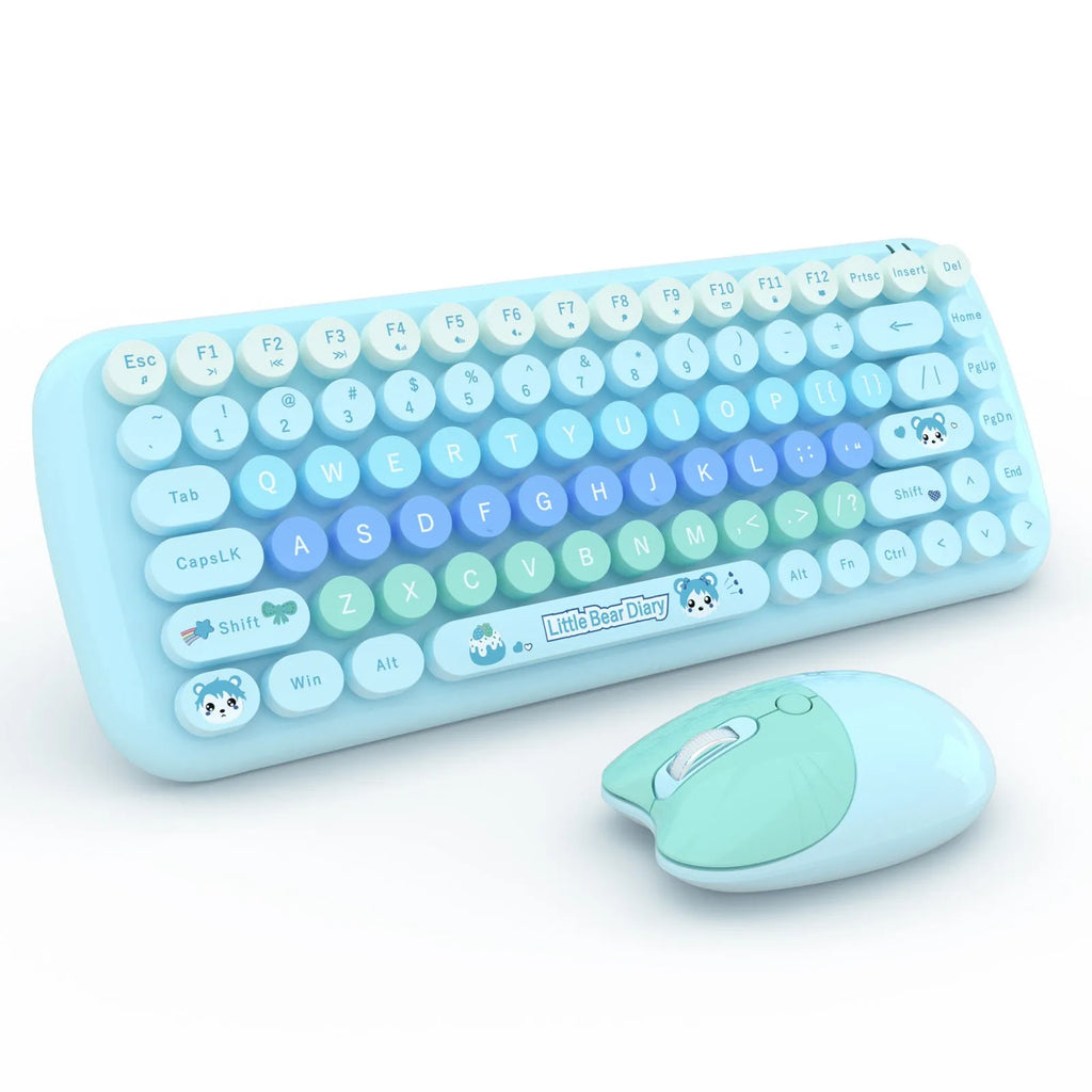 Candy pink compact wireless keyboard and mouse set with USB receiver on a desk