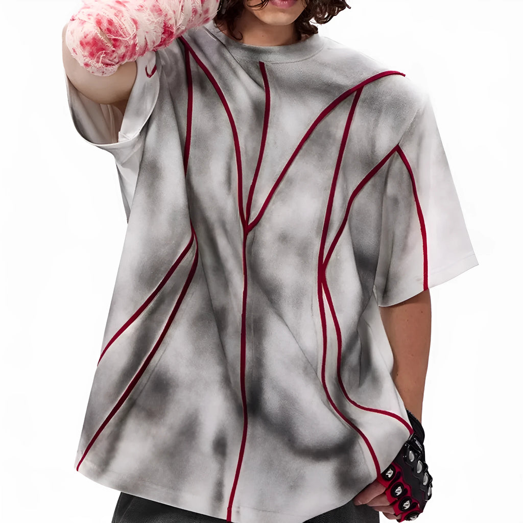 Padded shoulder short sleeve T-shirt with three-dimensional line patchwork design on round neck top