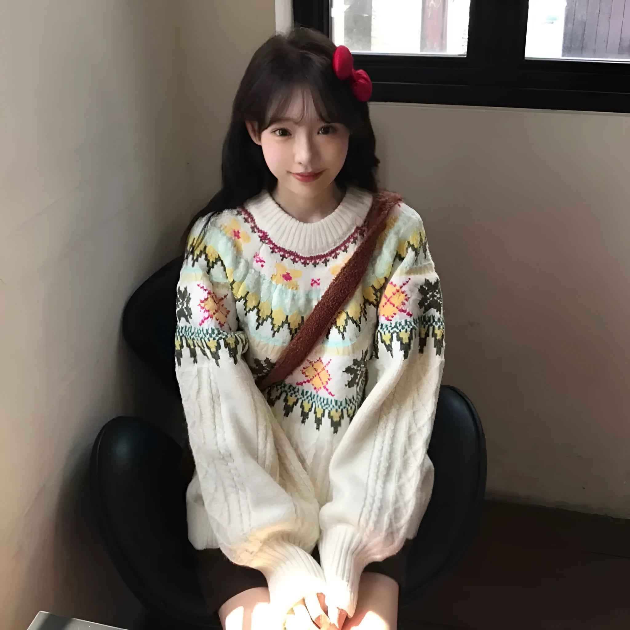 Women's milky white lantern sleeve pullover knitwear with oversized mori style