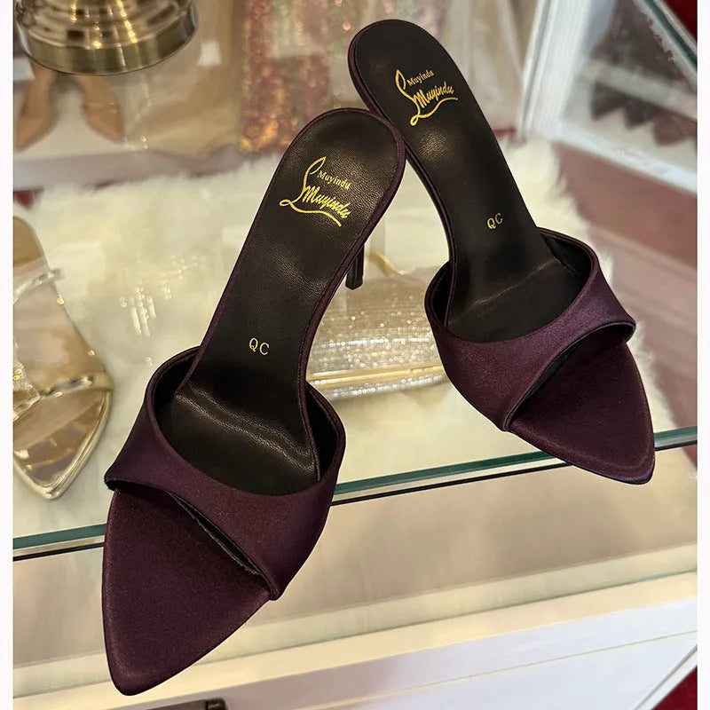 Women's black pointed toe stiletto sandals with ankle strap and 8cm heel