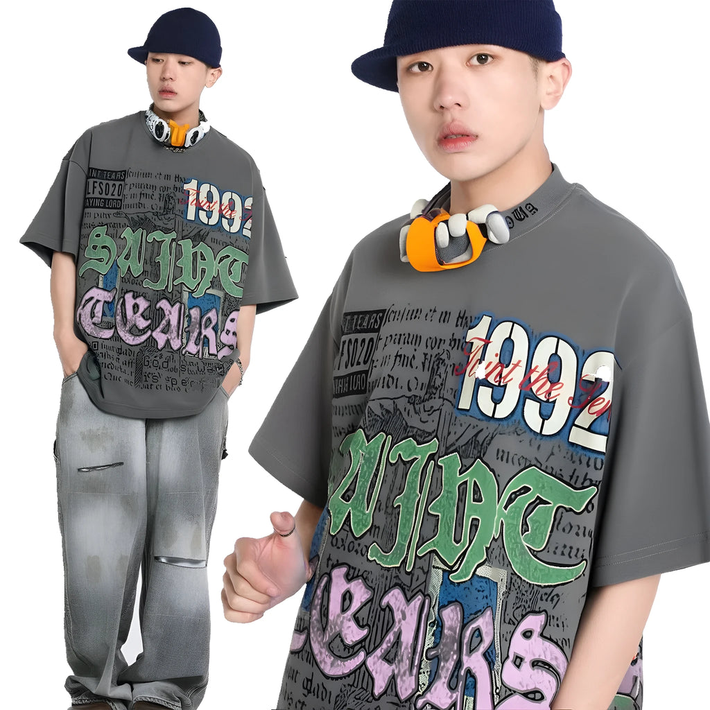 American retro graffiti letter print short sleeve t-shirt in pure cotton loose fit gray