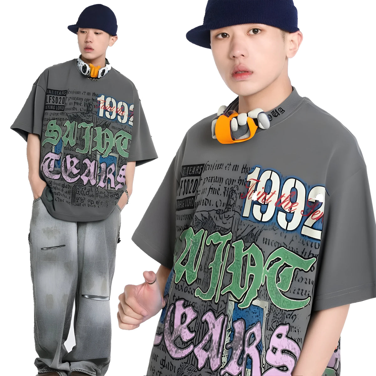 American retro graffiti letter print short sleeve t-shirt in pure cotton loose fit gray