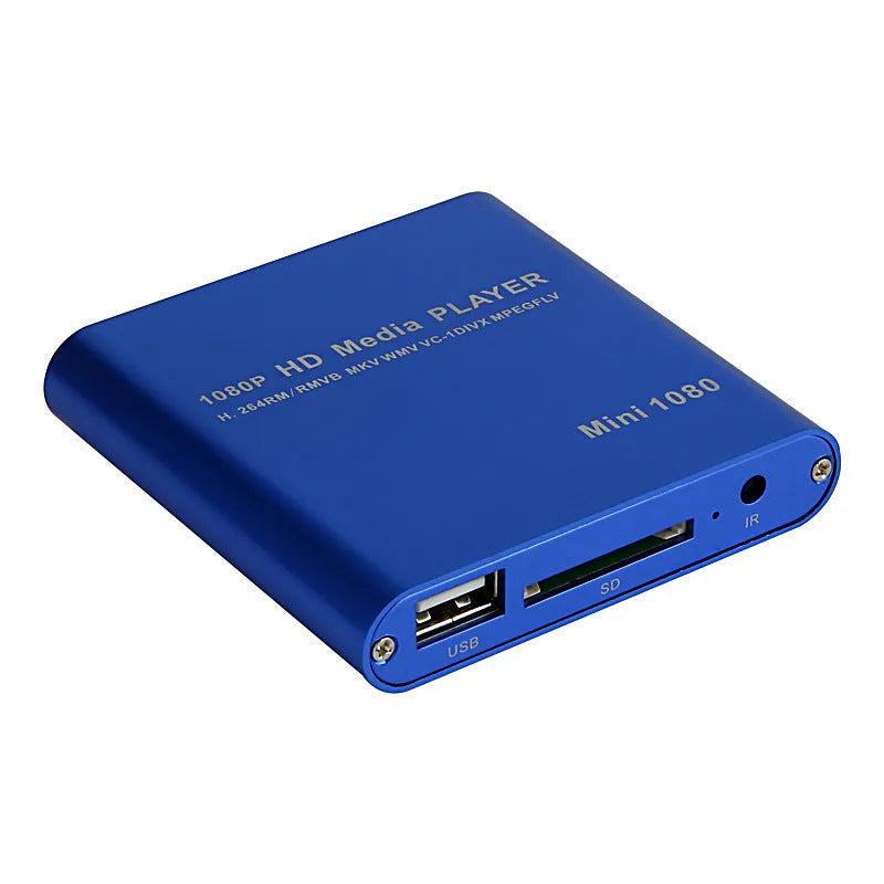 1080P Full HD media player in black or blue with HDMI port, SD card slot, and USB inputs
