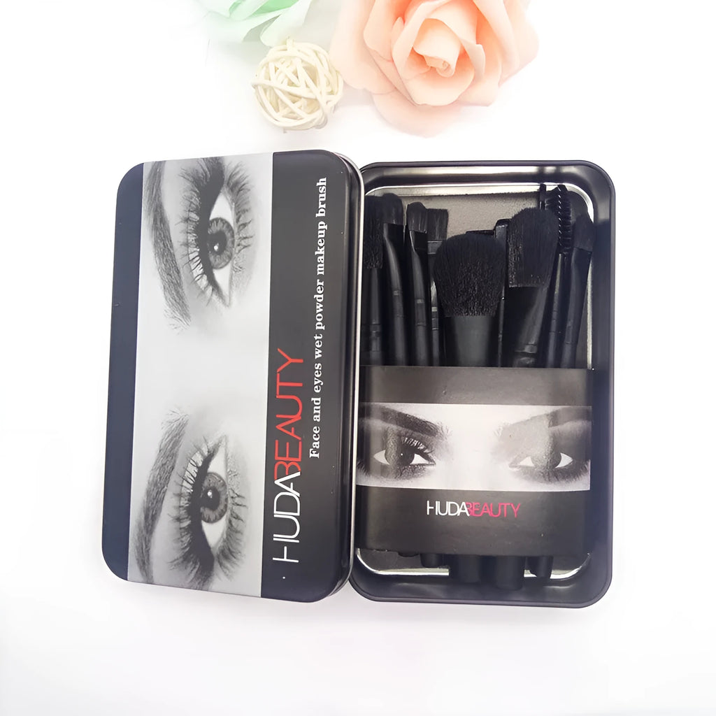 12-piece black makeup brush set in metal tin box with wooden handles and corrugated silk nylon bristles