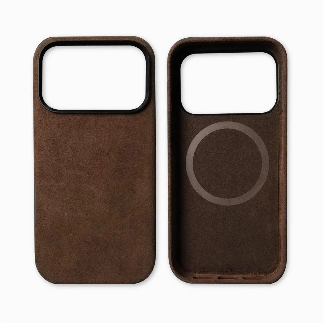 Handmade Alcantara phone case for iPhone 17 Pro Max, dark gray, with magnetic suction and anti-fingerprint finish
