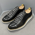 Men's low-tube handmade shoes with embossed pattern design and front tie closure in multiple colour options