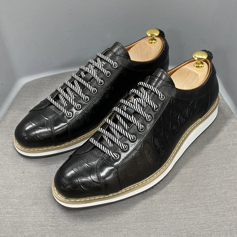 Men's low-tube handmade shoes with embossed pattern design and front tie closure in multiple colour options
