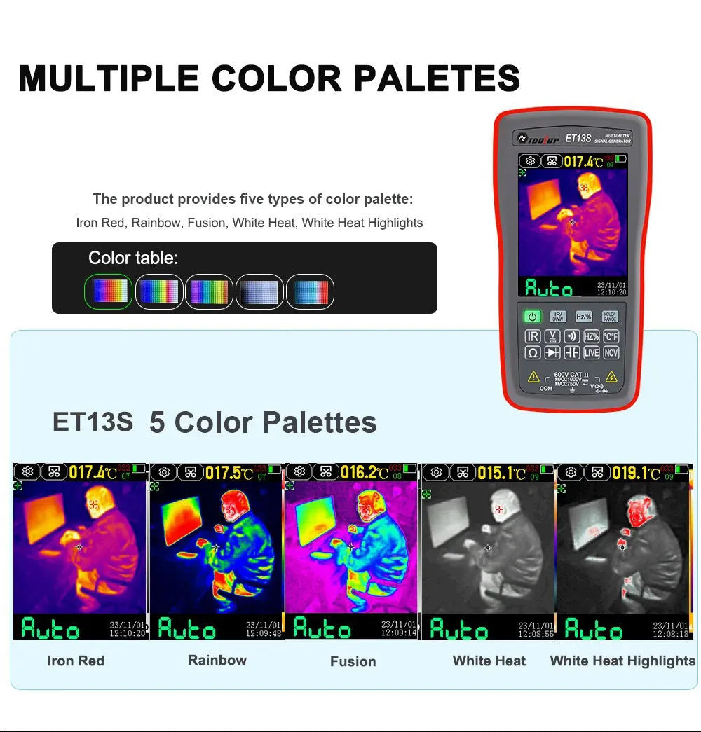 192×192 resolution thermal imaging multimeter with digital display showing thermal image and measurement readings