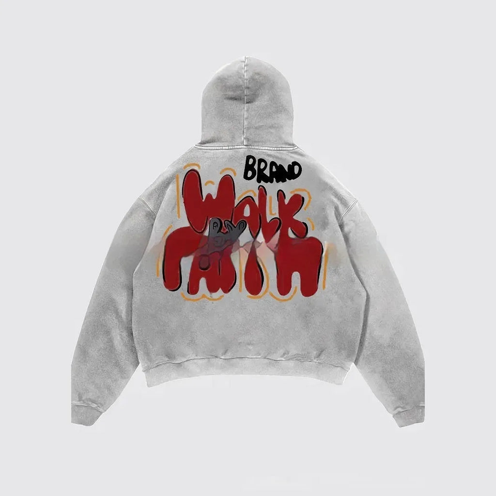 Women's grey hoodie with black letter print design showing Harajuku vintage streetwear style