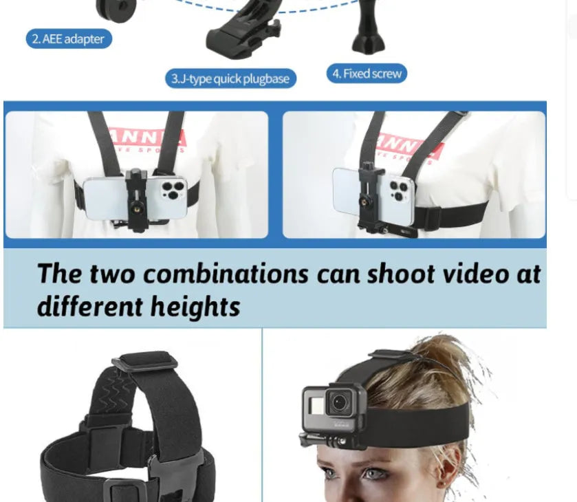 Black 9-in-1 PC chest strap and headband mounting kit for sports cameras and smartphones for hands-free first person recording