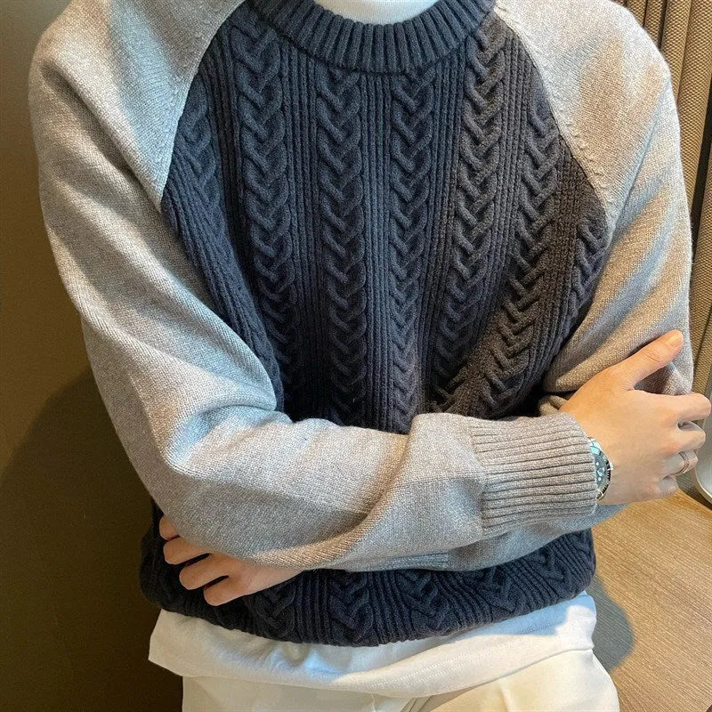 Thickened colour-blocked cable knit round neck pullover for men in apricot and blue
