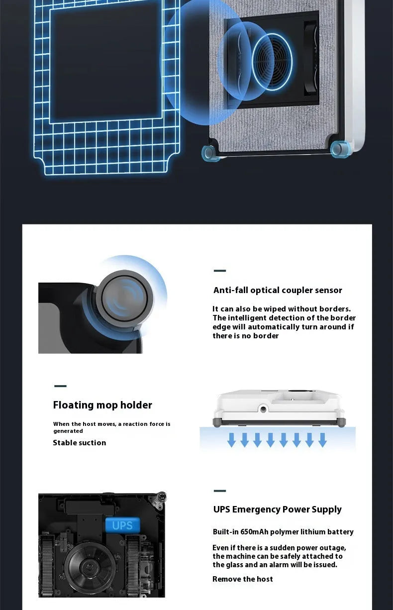 White intelligent small window cleaner robot on smooth indoor glass surface with plastic body
