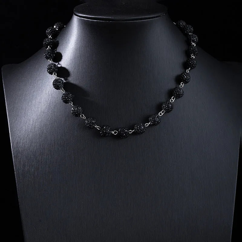 Alloy hip hop waist chain with diamond ball zipper detail, 115cm length, black colour option on display