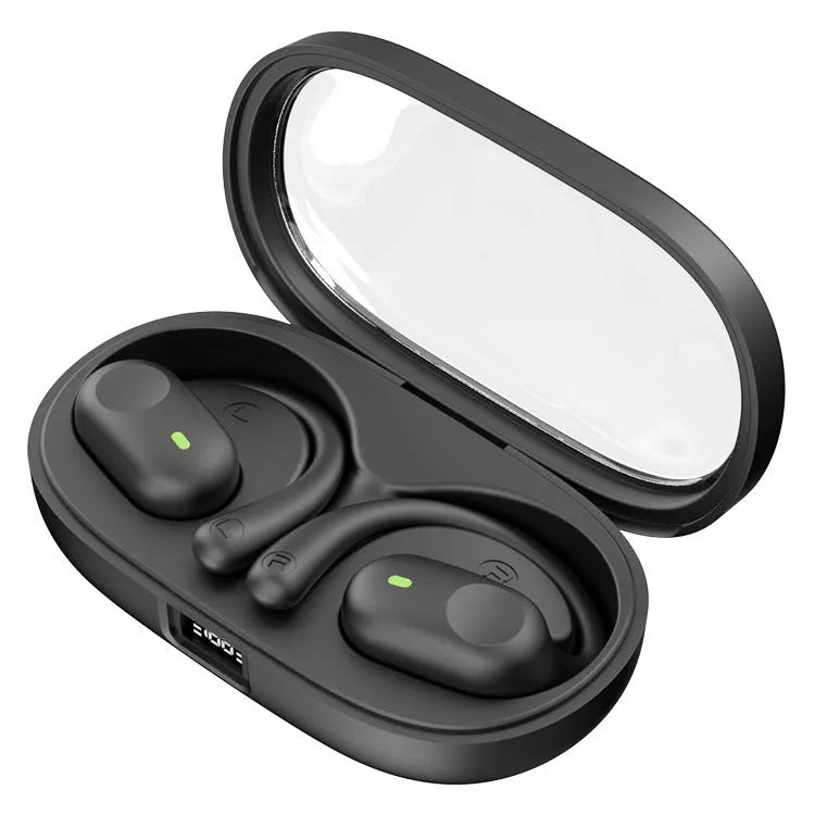 Bone conduction sports headset in black with digital display and ear hook design