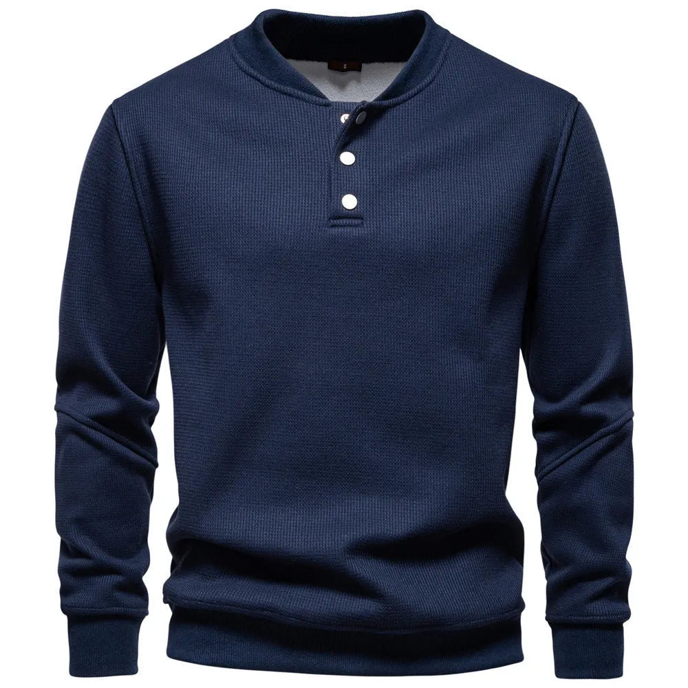 Men's fleece-lined round neck sweatshirt in navy blue, long sleeve, ribbed cuffs, cotton polyester, casual spring autumn top