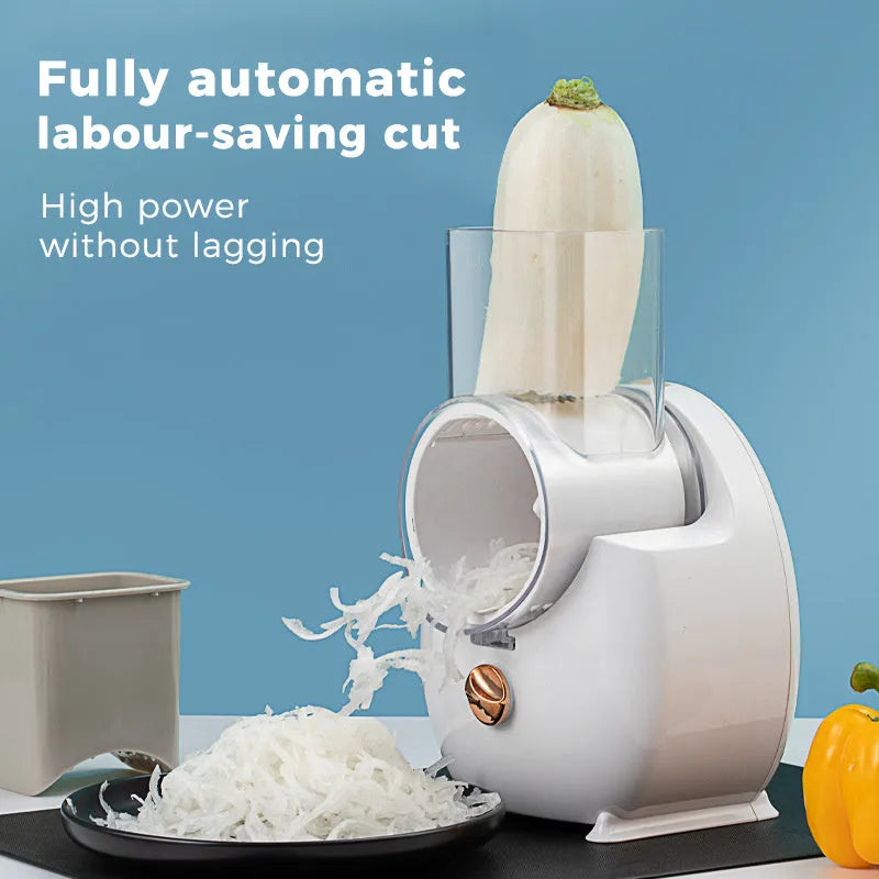 White electric vegetable slicer with rotary grater, strong suction base, and multiple blade attachments