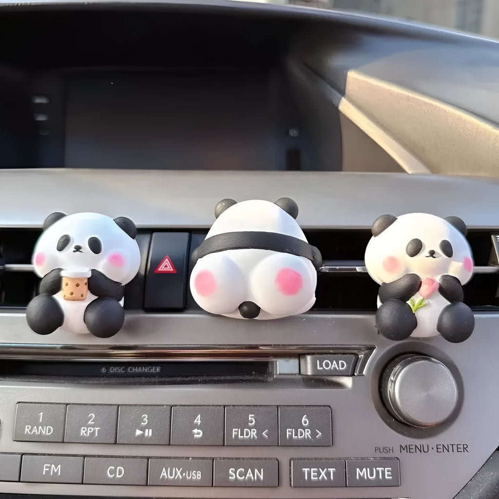 Panda car vent perfume decoration showing three design options: milk tea panda, flower panda and back panda