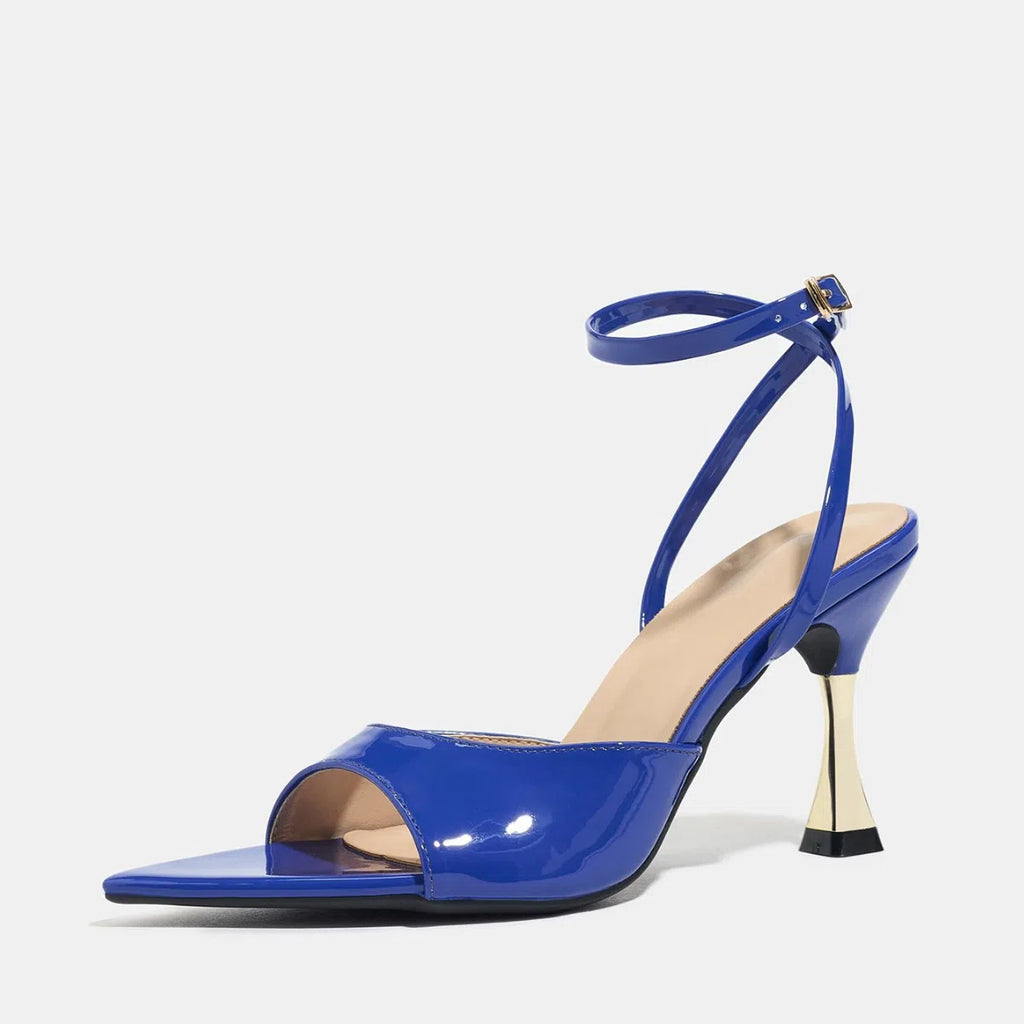 Patent leather single-band pointed stiletto high-heel sandals round toe in black artificial PU upper