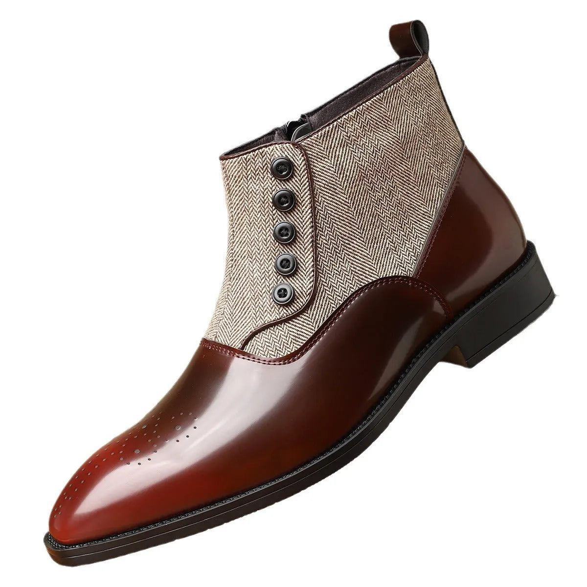 Men's brown and green retro formal shoes with side zipper and square toe