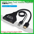 One divided into two HDMI distributor in black with USB power supply and 0.5 metre cable