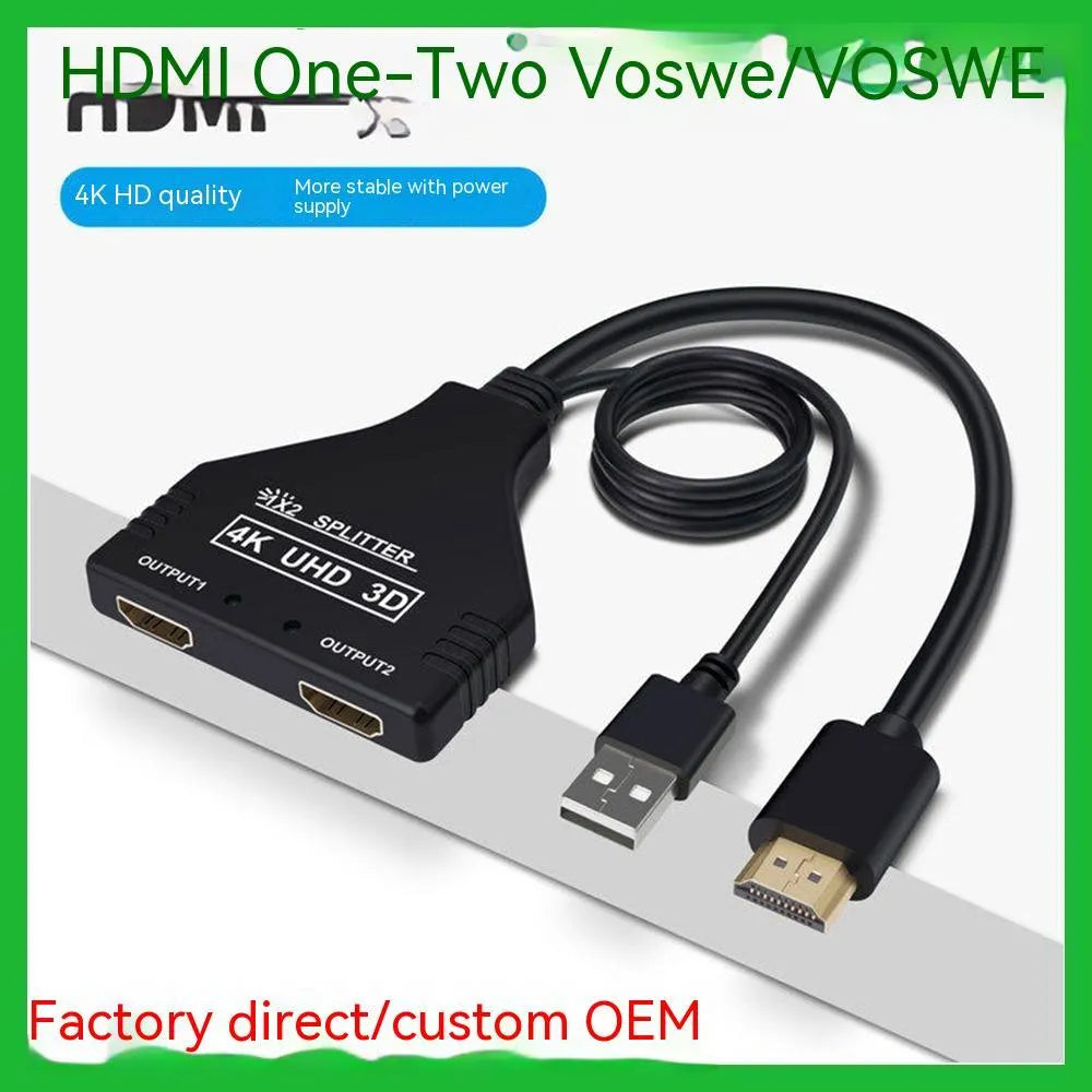 One divided into two HDMI distributor in black with USB power supply and 0.5 metre cable