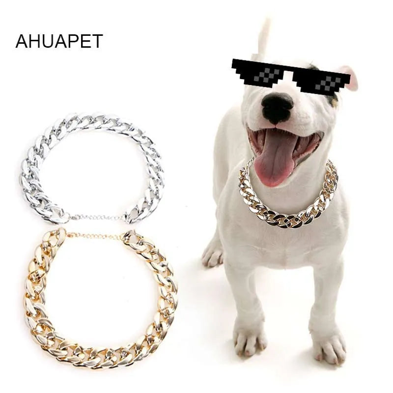 Geometric dog collar chain necklace with buckle on white background showing KC Gold, Local Gold, Rose Gold, and White colour options