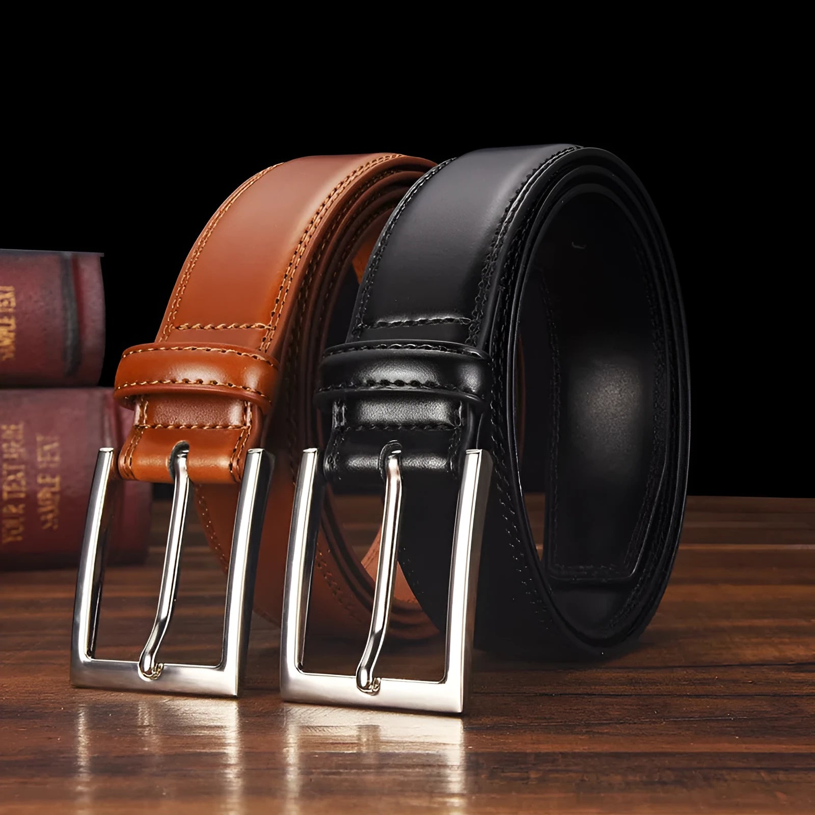 Men's leather belt with alloy pin buckle in genuine cowhide showing classic black colour option