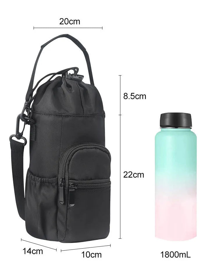Canvas water bottle shoulder pouch with crossbody strap in black, green, and pink colour options