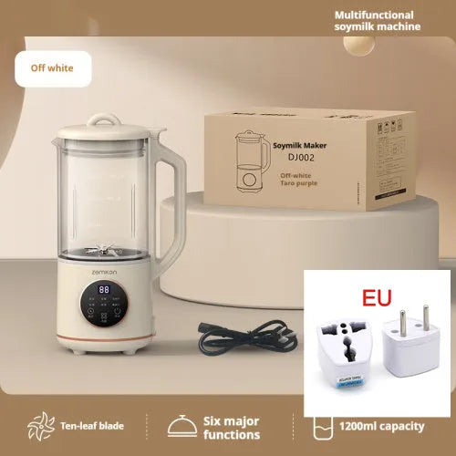 Household soy milk machine with glass body in milky white colour showing touch controls and 1.2L capacity
