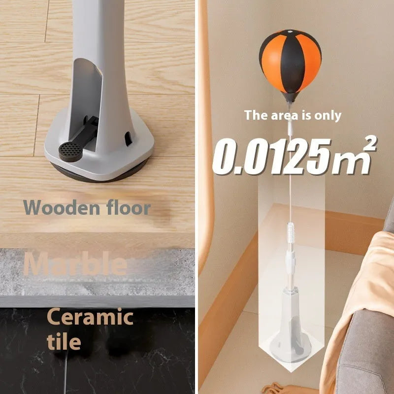 Vertical inflatable speed ball punching target with PU ball, boxing gloves and bandages on a wood floor for home training