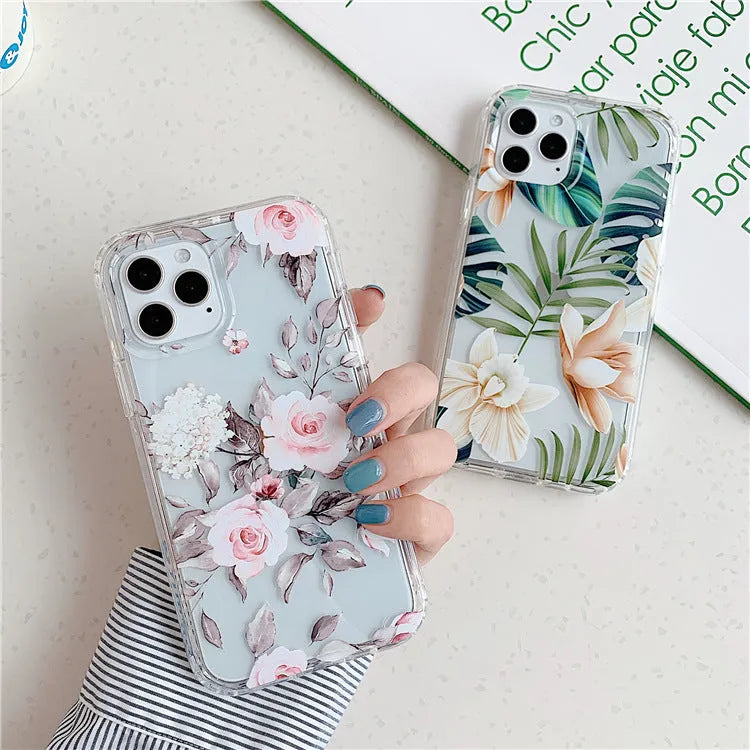 Green leaf flower transparent silicone phone case back cover for iPhone models