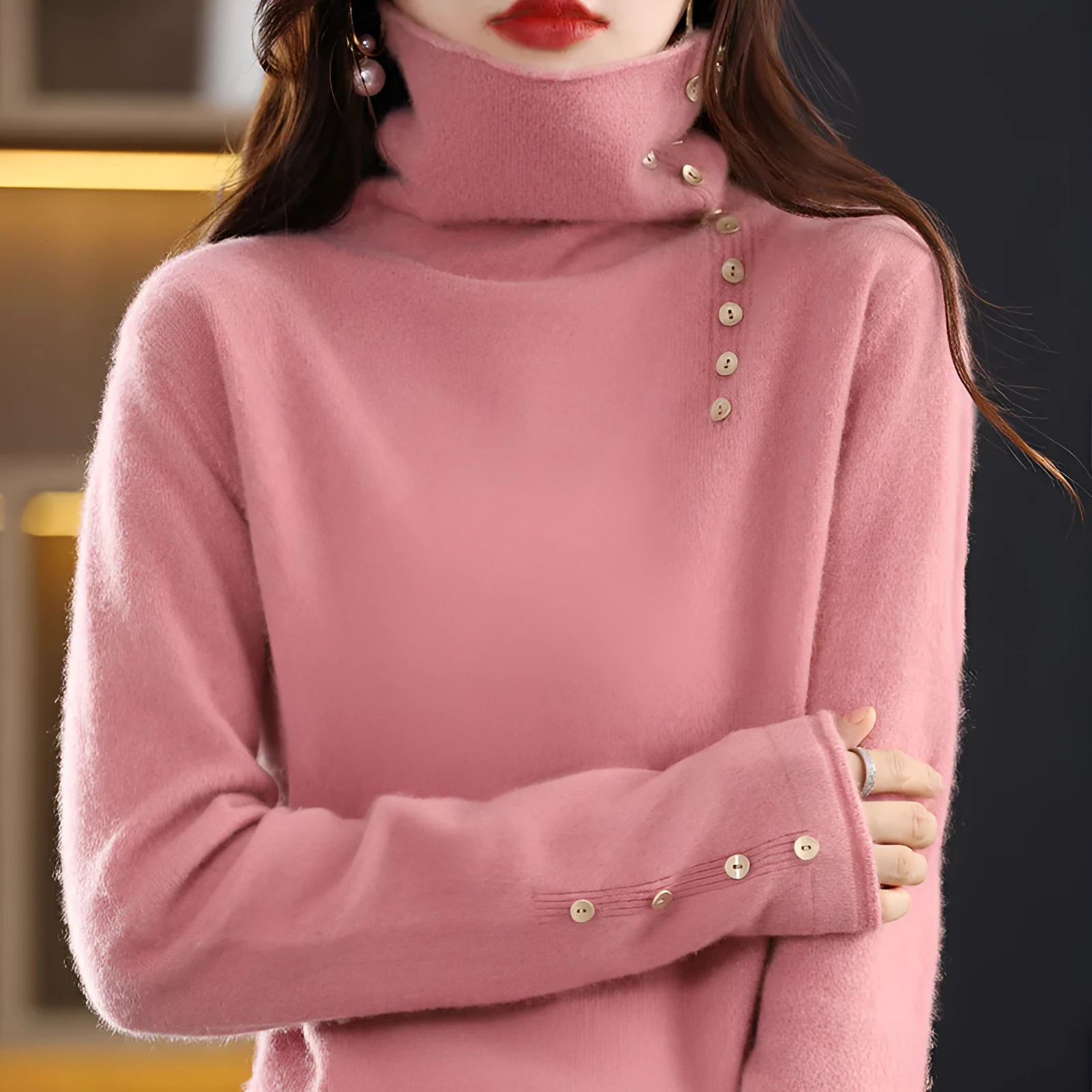 Core-spun yarn knitted bottoming shirt in watermelon red colour with 3D pattern texture
