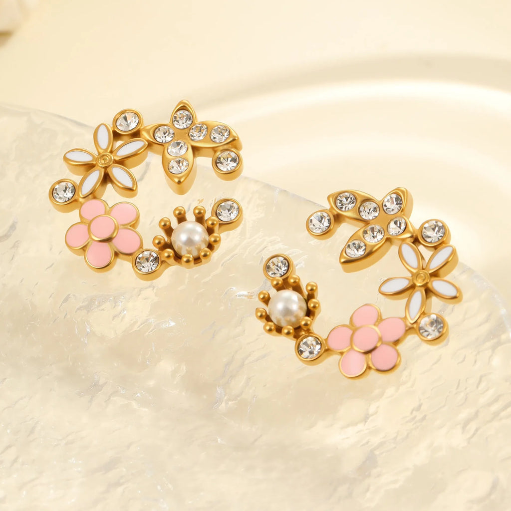 Colourful oil diamond flower stud earrings with gold plating on stainless steel.