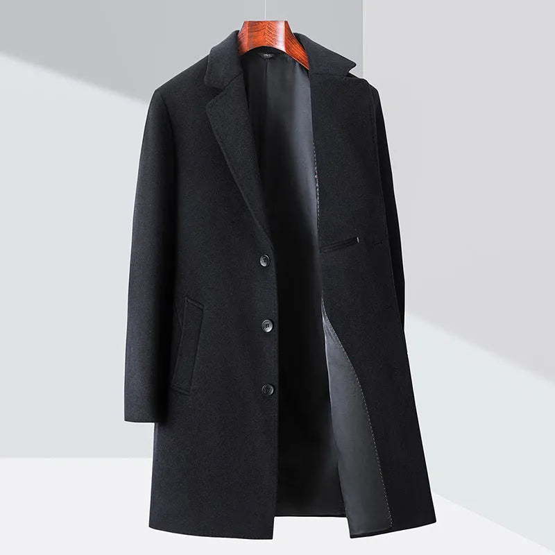 Men's solid colour woolen trench coat in Black with notch lapel, light business style, Asian size 170-195