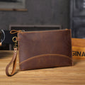 Men's crazy horse leather clutch in dark coffee colour, front view, genuine first layer cowhide with urban simplicity design