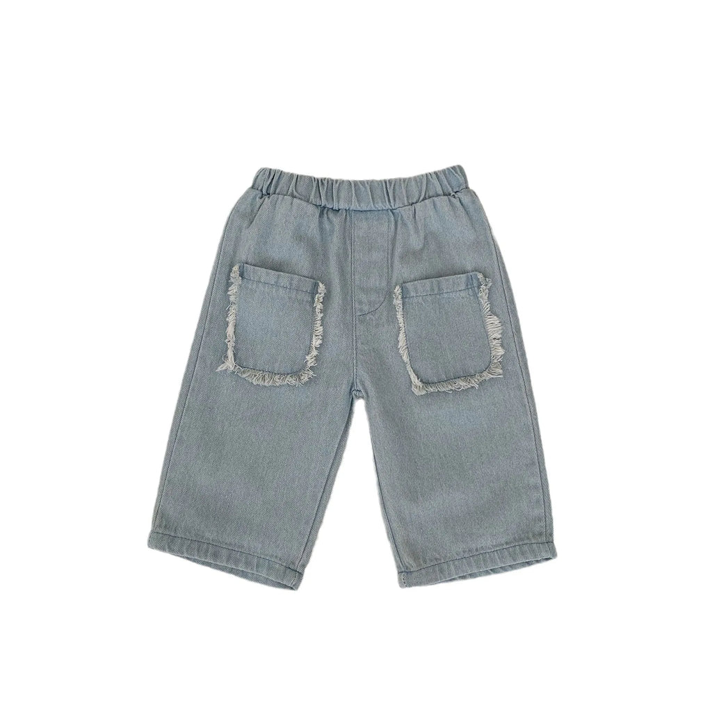 Children's burrs pocket cotton denim cropped pants in denim colour with hairband belt closure