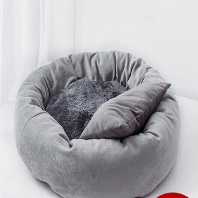 Round PP cotton filled pet bed in light gray with pillow option for dogs