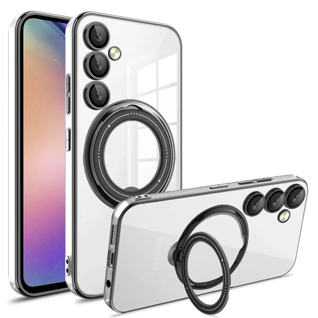 Electroplating transparent TPU phone case with magnetic suction and bracket for Samsung, black colour