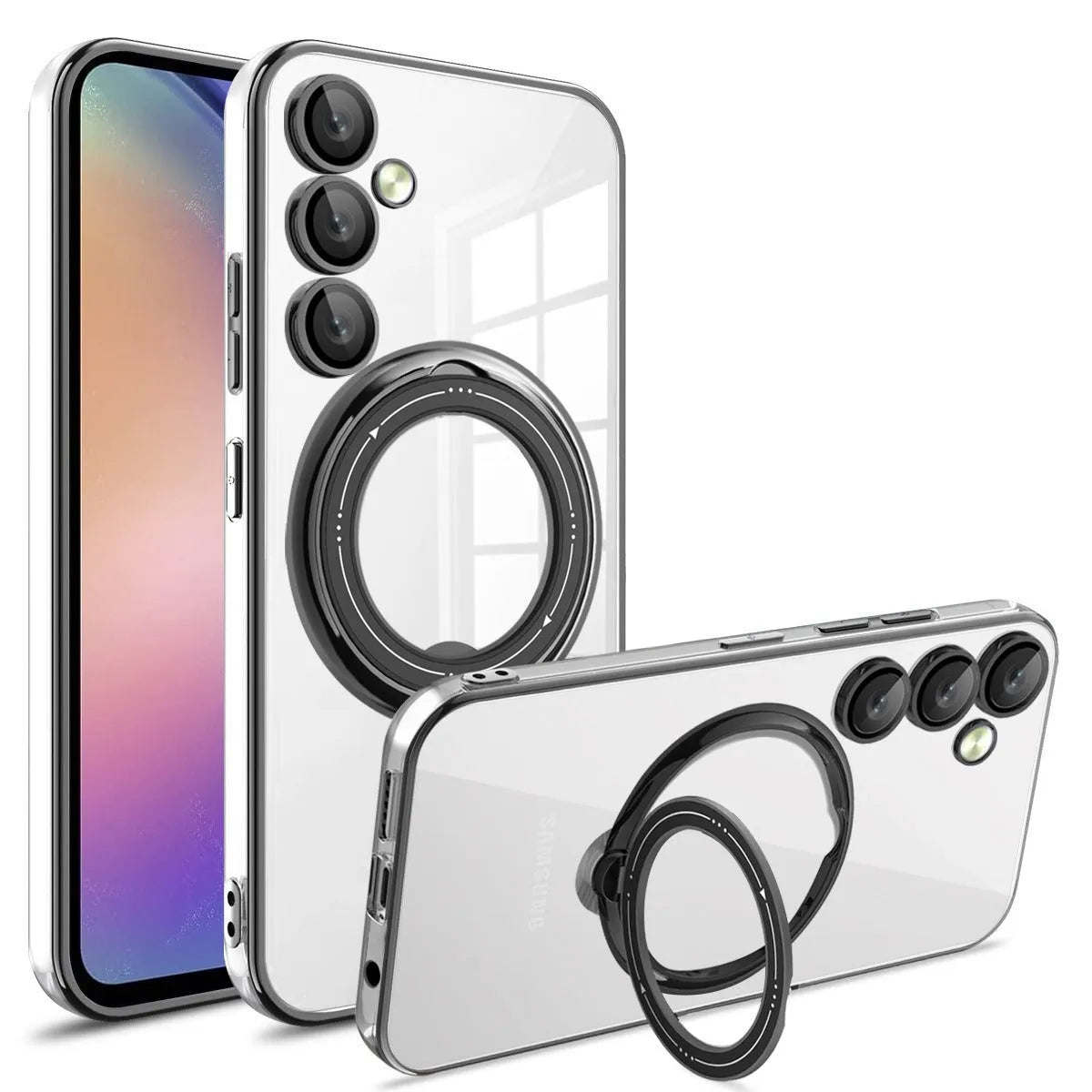 Electroplating transparent TPU phone case with magnetic suction and bracket for Samsung, black colour
