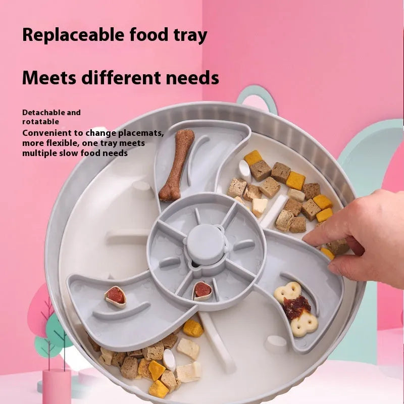 Slow feeder pet bowl with rotating game board, anti-choke silicone pad, and interchangeable licking mat in blue.