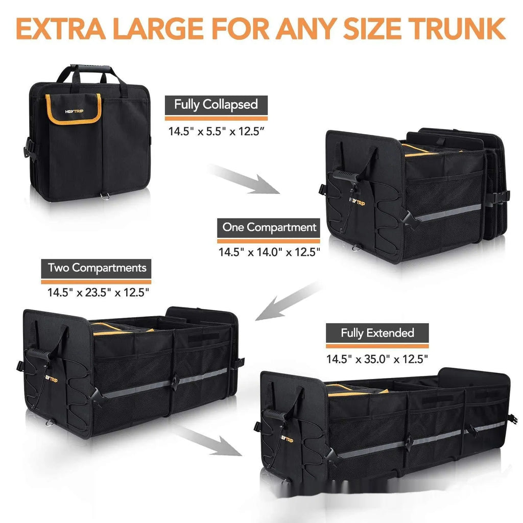 Black Oxford cloth folding car boot storage box with handle and roller, 89x36.8x31.8cm