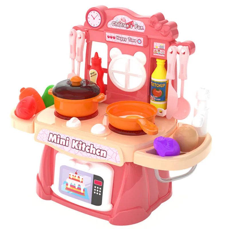 Plastic simulation kitchen toy set for children's pretend cooking play with dining kitchen style