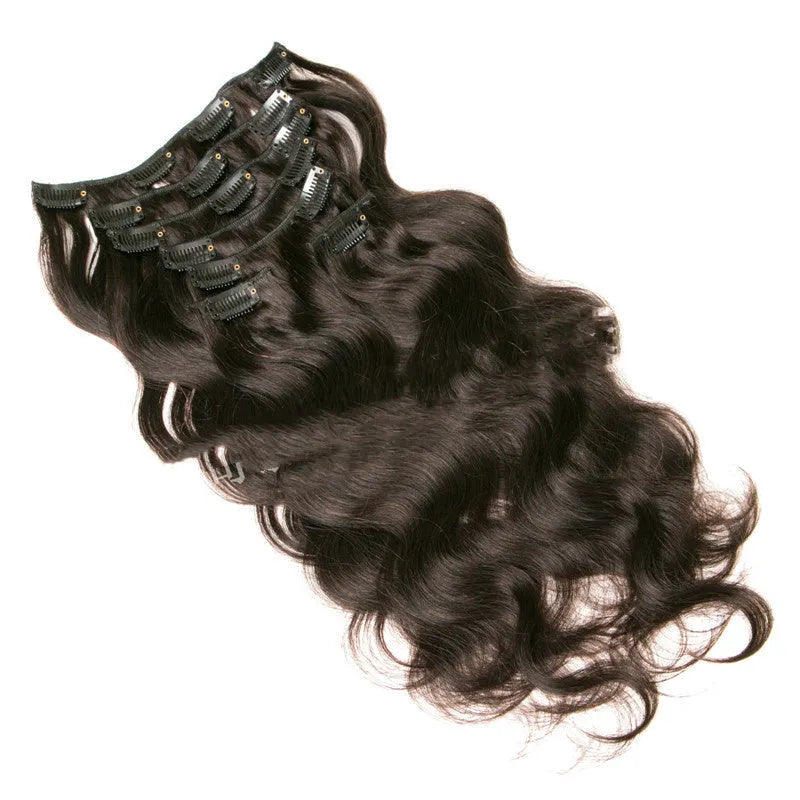 Seven-piece clip-in real hair extension set in black, lengths 16-24 inches, with Qi bangs style