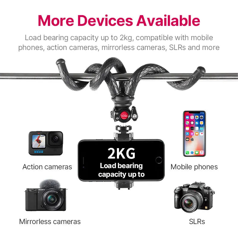Black octopus-style flexible tripod with phone clip, extended to 360mm length