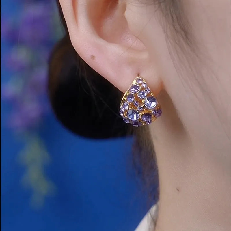 Light luxury purple full diamond ear clip on an alloy geometric round shape with Japanese Korean style